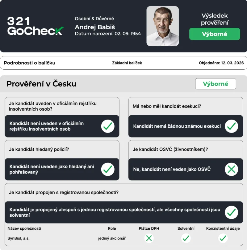 Ukázka reportu prověření kandidáta